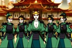 5girls avatar_legends avatar_the_last_airbender blue_eyes breasts clavicle cleavage earth_kingdom facepaint female gold_(metal) hairbun hairbuns headpiece huge_breasts katana kyoshi_warrior large_breasts lipstick nonbender outdoors red_lipstick screencap screenshot screenshot_edit suki tied_hair warpaint