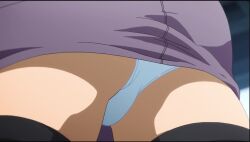 anime_screencap ass ass_focus black_thighhighs bridge close-up denim_skirt gleipnir gluteal_fold hikawa_(gleipnir) jean_skirt low-angle_view panties revealing_outfit screencap thighhighs thighs upskirt white_panties zettai_ryouiki