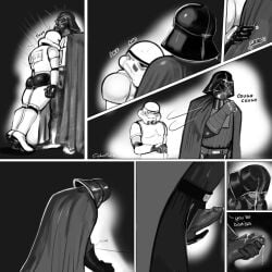 2d armor bulge clothed cum_on_face cum_on_hand cum_through_clothes cumming_in_clothes darth_vader denial dialogue english_text erection fully_clothed helmet male_only mask masked star_wars stormtrooper
