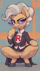 1girls ai_generated alternate_costume crouching female female_only flashing_pussy friendship_is_magic game_freak hasbro legs_apart mayor_mare_(mlp) my_little_pony nintendo pokemon pussy scalieton seductive seductive_pose self_upload skirt_up smile team_rocket team_rocket_(cosplay) team_rocket_uniform