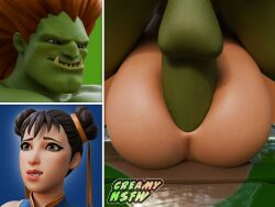 1boy 1girls 3d anal anal_insertion anal_sex big_ass big_balls big_butt big_penis blanka blender chun-li chun-li_(fortnite) creamynsfw double_bun female forced forced_anal fortnite fortnite:_battle_royale green_body hulk_meme mating_press penis street_fighter