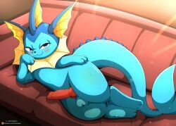 animal_genitalia animal_penis balls blue_body blue_eyes blush canine_genitalia canine_penis cloudeon eeveelution feral furniture generation_1_pokemon genitals hi_res knot lying male nintendo on_side on_sofa penis pokemon pokemon_(species) sofa solo thick_thighs vaporeon