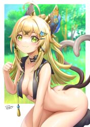 1girls ahoge ass big_breasts blonde_hair blush breasts cat_ears cat_tail catgirl covered_nipples female genshin_impact green_eyes kirara_(genshin_impact) nekomimi nude royboy solo solo_female tail tails thighs