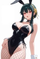 1girls ai_generated animal_ears bangs bare_shoulders black_hair black_leotard blush breasts bunny_ears bunny_girl bunnysuit cleavage covered_navel earrings fake_animal_ears female fishnet_legwear fishnets hair_ornament heretikka highleg large_breasts leotard long_hair looking_at_viewer open_mouth pantyhose red_eyes sidelocks solo spy_x_family strapless strapless_leotard striped white_background wrist_cuffs yor_briar yor_forger