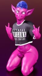 3d_(artwork) absurd_res big_ears bludergat99 blue_hair bottomless clothed clothing crop_top digital_media_(artwork) draagen_(bludergat99) genitals gesture hair hand_gesture hi_res humanoid imp kneeling looking_at_viewer male middle_finger no_pupils penis piercing purple_body shirt skinny solo topwear twink wide_hips