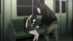 1boy 1girls anime_screencap background_characters black_hair chikan closed_eyes death_note female jacket knees_together purse screencap sexual_harassment shoulder_length_hair skirt_grab skirt_lift skirt_tug train train_interior