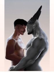 2boys anthro ass ass_grab bald bara beard biceps big_muscles canon_couple closed_eyes couple cute dark-skinned_male dark_hair dark_skin dorian_pavus dragon_age dragon_age_inquisition duo facial_hair gay gay_male grabbing_ass grey_body grey_skin horns human iron_bull mage male/male male_only moustache moustache muscles muscular muscular_male naked naked_male nipples no_visible_genitalia notnecessarilysfw nude nude_male pansexual_male pecs pointy_ears qunari romantic romantic_couple smile smiling video_games yaoi