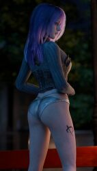 3d annoyed annoyed_expression ass ass_focus back_view bottomless dbd dead_by_daylight dress embarrassed female female_only goth goth_girl pale-skinned_female pale_skin purple_hair sable_ward saltyu white_panties