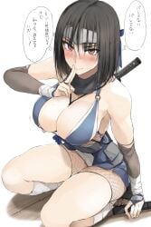 bare_shoulders blush breasts brown_eyes brown_hair cleavage female_only finger_in_mouth highres japanese_clothes kunoichi large_breasts looking_at_viewer medium_breasts ninja original sheath smile solo sweat sword zekkyon