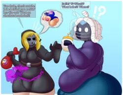 2boys adam_(mobiustheice) belly big_ass blonde_hair bob-omb chubby chubby_male dress femboy hoodie huge_ass humanoid imminent_vore jeans male_pred male_prey mask mobiustheice pike_(hipattack) shirt short_dress shy_guy super_mario_bros. thick_thighs white_hair wide_hips