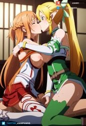 2girls ai_generated bare_chest big_breasts blonde_hair brown_eyes elf_ears girls_kissing grabbing green_eyes hugging juanpi_amvs kissing lazo leafa long_hair nipples patreon patreon_username riding sword_art_online watermark yuuki_asuna