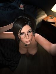 1female 1girls 3d 3d_(artwork) areola areolae blender blender_(software) blender_cycles breasts british british_female brown_eyebrows brown_eyes brown_hair collar european european_female female female_focus female_only glasses lara_croft lara_croft_(survivor) large_breasts long_hair looking_at_viewer nipples no_bra nude nude_female nudumart pierced_nose piercing ponytail selfie solo tagme tied_hair tomb_raider tomb_raider_(survivor) video_games