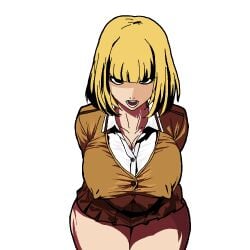 1girls annoyed big_ass big_breasts big_thighs blonde_hair breasts looking_at_viewer midorikawa_hana nipples nipples_visible_through_clothing prison_school school_uniform schoolgirl schoolgirl_uniform skirt slut traced white_shirt