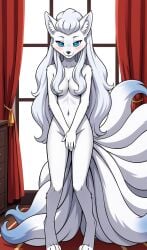 1girls 2024 ai_generated alolan_ninetales anthro barely_covered_breasts bedroom_eyes blue_eyes blue_fur blushing blushing_at_viewer canine cleavage covered_nipples covering covering_crotch digitigrade female female_only fox generation_1_pokemon generation_7_pokemon hair_covering_breasts hi_res indoors innie_pussy long_hair looking_at_viewer multiple_tails ninetales nintendo nude nude_female pokemon pokemon_(species) smile tails white_fur window