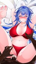 1boy 1boy1girl 1girls arms_behind_head azur_lane big_breasts big_penis bikini bikini_aside bikini_bottom bikini_top blue_eyes blue_hair blush breast_grab breasts cum cum_in_pussy dark-skinned_male dark_skin feet hand_on_pussy heart-shaped_pupils interracial legs_up lidded_eyes long_hair long_xue looking_at_viewer missionary_position new_jersey_(azur_lane) on_back on_bed pale-skinned_female pale_skin penis penis_in_pussy pussy pussy_hair queen_of_spades red_bikini sex soles spread_legs thick_thighs vaginal_penetration vaginal_sex