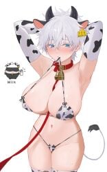 big_breasts blue_eyes blush breasts cleavage collar cow_bikini cow_ears cow_girl cow_horns cow_print cow_tail cowbell embarrassed embarrassed_nude_female female female_only fluffy_hair gender_transformation genderswap_(mtf) hands_behind_back hands_behind_head huge_breasts jujutsu_kaisen light-skinned_female micro_bikini pale-skinned_female revealing_clothes rule_63 satoru_gojo short_hair skimpy_clothes stockings thighs upper_body white_eyelashes white_hair