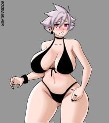 1girls big_breasts black_bikini black_swimsuit breasts embarrassed eye_closed grey_hair hand_on_hip ocida_drawing ocidasilver original purple_eyes short_hair silver-gothic_(ocida_drawing) sole_female standing tagme thick_hips wide_hips