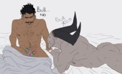 2boys abs anthro ass bara beard_stubble beauty_mark bed biceps big_muscles blanket canon_couple chest_hair completely_nude couple dark-skinned_male dark_hair dark_skin dialogue dorian_pavus dragon_age dragon_age_inquisition duo erect_penis erection facial_hair flower_crown flowers frowning gay gay_male grey_body grey_skin hairy_chest horns human in_bed iron_bull lying lying_down lying_on_stomach mage male male/male male_only mole moustache moustache muscles muscular muscular_male naked naked_male nipples nude nude_male pansexual_male pecs penis pointy_ears qunari sitting smile smiling sometrashland speech stubble text video_games yaoi