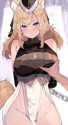 1boy 1girls 1other 2025 anger_vein animal_ears arknights arms_behind_back black_hat blonde_hair blue_eyes blush breasts dress female grabbing_another's_breast groin groping hat hi_res horse_ears horse_girl horse_tail kyuu_(plastic_night_q) large_breasts no_panties pelvic_curtain pov pov_hands spoken_anger_vein sweatdrop tail whislash_(arknights) white_dress