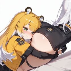 (titancore) ai_generated animal_humanoid ass_pillow big_ass cute embarrassed embarrassed_female female female_on_top green_eyes huge_butt hugging_from_behind ju_fufu long_hair monster_girl silver_hair tiger_ears tiger_girl tiger_stripes video_game_character yixuan_(zenless_zone_zero) zenless_zone_zero