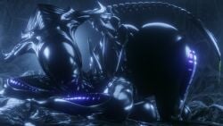 acid alien alien_(franchise) alien_girl big_ass big_breasts black_body detailed_background drakepowers halloween_2024 head_down_ass_up hive humanoid milf queen tail voluptuous xenomorph xenomorph_queen