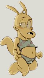 1boy 2018 anthro belly blue_clothing blush blush_lines bottomwear bulge bulge_through_clothing canine color crop_top crossdressing dandi digital_media_(artwork) furry furry_only gay girly looking_at_viewer lowres male_focus male_only marsupial panties panties_aside penis_out purple_clothing rocko's_modern_life rocko_rama small_bulge underwear wallaby