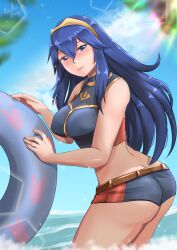 1girls alternate_costume ass ass_cleavage bare_thighs big_ass bikini blue_bikini blue_eyes blue_hair blue_swimsuit breasts butt_crack covered_nipples female female_only fire_emblem fire_emblem_awakening fire_emblem_cipher innertube large_breasts long_hair looking_back lucina_(fire_emblem) lucina_(summer)_(fire_emblem) nintendo ocean official_alternate_costume outdoors rinku_bny smile solo swimsuit thick_thighs thighs tiara