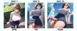 1futa ai_generated big_breasts big_penis blush bob_cut brown_hair bulge bulge_through_clothing city erect_penis erection futa_giantess futa_only futanari giant_cock giantess growing growth growth_sequence huge_cock ineffective_clothing ineffective_skirt mini_giantess multicolored_hair penis size_difference skirt skirt_lift solo spalela text thick_thighs transformation transformation_sequence