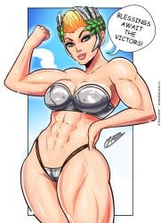 1girls 2024 abs bikini_armor blonde_hair breasts deity female female_only flexing_bicep goddess green_eyes muscular muscular_female nike_(smite) short_hair smite sparkietheartist