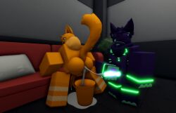 3d after_sex anthro anthro_on_anthro balls bucket catte_(kaiju_paradise) cock cum cum_in_ass cum_inside cum_leaking gay ghostyfox235_(artist) kaiju_paradise male male/male orange_fur purple_fur roblox self_upload sinox_(kaiju_paradise)