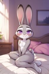 1girls ai_generated anthro bed blush breasts disney female female_only furry judy_hopps lagomorph looking_at_viewer no_nipples nude pillow rabbit solo teeth tiny_mint zootopia