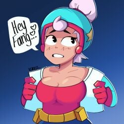 1girls brawl_stars breasts cleavage helmet janet_(brawl_stars) large_breasts pink_hair ponytail solo yoruokko