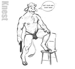 animated anthro belt bench body_hair bovid bovine bulge cattle chest_tuft clothing dialogue happy_trail imminent_spanking jockstrap knest looking_at_viewer male male_only mammal muscular patting solo tuft underwear