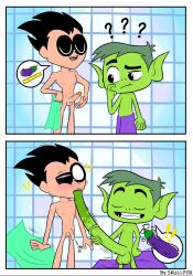 2boys batman_(series) beast_boy beast_boy_(teen_titans_go!) becoming_flaccid blowjob casual cringe dc dc_comics dick_grayson garfield_logan gay horse_penis horsecock human male naked nude nude_male pale_skin penis_in_mouth robin_(dc) robin_(dick_grayson) size_comparison size_talk skullfox teen_titans_go towel yaoi