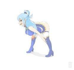 1girls aqua_(konosuba) ass background blue_eyes blue_hair boots breasts exposed_ass fanart female female_only illustration kono_subarashii_sekai_ni_shukufuku_wo! leo... no_panties solo white_background