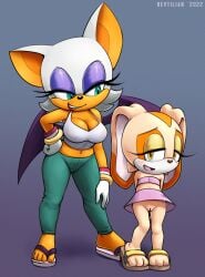 2022 20s 2girls absurd_res age_difference animal_ears anthro arms_behind_back artist_name ass_visible_through_thighs bare_legs bare_shoulders bat_wings blush bottomless breasts brown_eyes cleavage cleft_of_venus colorized cream_the_rabbit cub dated eyelashes flat_chest full_body furry furry_female gloves gluteal_fold gradient_background green_eyes half-closed_eyes height_difference hi_res large_breasts long_ears looking_at_another looking_at_viewer midriff miniskirt mobian_(species) multiple_girls navel no_panties open_mouth pink_skirt pussy rabbit_ears revealing_clothes revtilian rouge_the_bat sandals sega skirt sonic_(series) soubriquetrouge standing stomach tank_top teenage_girl teenage_girl_and_younger_girl teenager toes white_gloves wings young