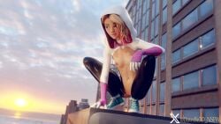 1girls blonde_hair boots exhibitionism female female_only gwen_stacy marvel marvel_comics public pussy ripped_clothing rooftop solo spider-man:_across_the_spider-verse spider-man:_into_the_spider-verse tagme teenager