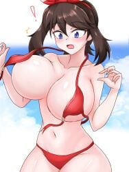 1girls big_breasts blue_eyes breasts brown_hair captain_rs cleavage collarbone female game_freak huge_breasts large_breasts light-skinned_female light_skin may_(pokemon) may_(pokemon_oras) nintendo pokemon pokemon_oras short_hair solo_focus