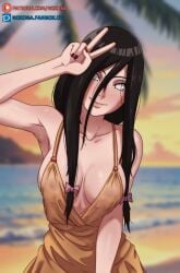 2d bare_shoulders beach brown_hair cleavage collarbone dress dusk front_view hair_ornament hyuuga_hanabi long_hair looking_at_viewer nail_polish naruto naruto:_the_last naruto_(series) nipples nipples_visible_through_bikini nipples_visible_through_clothing no_bra no_bra_under_clothes noxdsa ocean palm_tree peace_sign petite pose posing posing_for_the_viewer ribbons seaside see-through see-through_clothing smile solo sunset upper_body very_long_hair visible_nipples water wet_body wet_clothes wet_hair wet_skin white_eyes