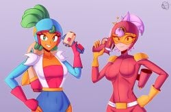 2girls beta-carrotina_(pvz) bodysuit brawl_stars helmet janet_(brawl_stars) leotard medium_breasts plants_vs_zombies:_heroes skin_tight tr_yithaz tr_zythaz012 unaligned_breasts