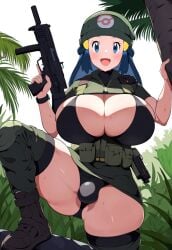 1futa ai_generated blue_eyes blue_hair boots bra breasts bulge bulge_through_clothing dawn_(pokemon) futa_only futanari huge_breasts light-skinned_futanari light_skin looking_at_viewer military military_uniform penis penis_bulge pokemon smiling solo thedawn_hikari thick_thighs weapon