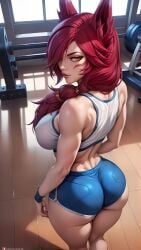 1girls ai_generated ass ass_focus back bare_shoulders big_ass big_butt from_above from_behind gym gym_clothes gym_clothing gym_shirt gym_shorts league_of_legends light-skinned_female light_skin looking_back muscle muscle_ass muscle_butt muscle_girl muscle_tone muscles nsfw riot_games round_ass round_butt seducing seduction seductive seductive_body seductive_eyes seductive_gaze seductive_look seductive_mouth seductive_pose seductive_smile sky4maleja sports_bra standing thick_ass thick_butt thick_thighs tight_clothes tight_clothing tights toned toned_back toned_body toned_female vastaya xayah