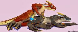 3d_(artwork) absurd_res anthro claws digital_media_(artwork) duo erection female genitals hi_res horn kobold kobold_dellarte low_poly lying male male/female male/male male_penetrating nude on_side open_mouth penetration penis reptile scalie sex simple_background tail