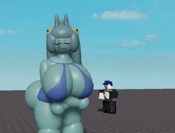 1boy 3d arms_crossed_under_breasts baseplate bikini blue_bikini female goofylookin large_ass large_breasts leaning_forward looking_at_viewer looking_down_gun_barrel lucia_(goofy_lookin) revolver roblox scar_across_eye source_request teal_skin w_mouth