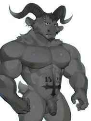 2023 2_horns abs anthro balls barazoku biceps big_balls big_penis black_body black_eyes black_fur bovid bovine cattle curved_horn demon ear_piercing foreskin fur genitals glans hi_res horn humanoid_genitalia humanoid_penis male mammal muscular muscular_anthro muscular_male nude_anthro nude_male pecs penis piercing pubic_tattoo solo spamzillaa stomach_tattoo tattoo vein veiny_penis