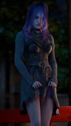 3d annoyed annoyed_expression dbd dead_by_daylight dress female female_only lifting_dress lifting_skirt purple_hair sable_ward saltyu