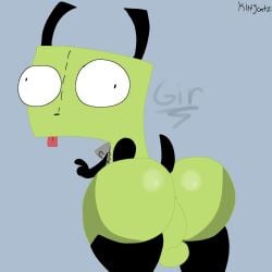 anthro anus ass balls big_balls big_butt big_penis black_arms black_body black_ears black_legs black_tail canid canine canis disguise domestic_dog ears_up fingers genitals gir_(invader_zim) green_body grey_zipper hi_res huge_balls huge_butt huge_cock huge_eyes invader_zim kittycatz lines_on_body looking_at_viewer looking_back machine male male/male mammal nickelodeon penis robot solo standing tail tongue tongue_out watermark zipper
