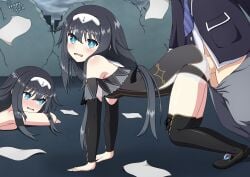 1boy 2d 2girls ass black_hair blue_eyes blush clothed_sex date_a_live itsuka_shido light-skinned_female long_hair nibelcol pants_down school_uniform sex small_breasts socks thighs vaginal_penetration vampy_squid