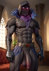 abs ai_generated balls biceps big_balls big_penis blush fortnite gay looking_at_viewer male male_only muscular muscular_male naked nipples no_mouth nude_male pecs penis purple_eyes raven_(fortnite) toned_body toned_male twall97