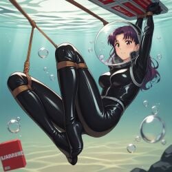 ai_generated bondage bubble_helmet diving_helmet latex_bodysuit long_hair misato_katsuragi neon_genesis_evangelion nordslate purple_hair space_helmet underwater